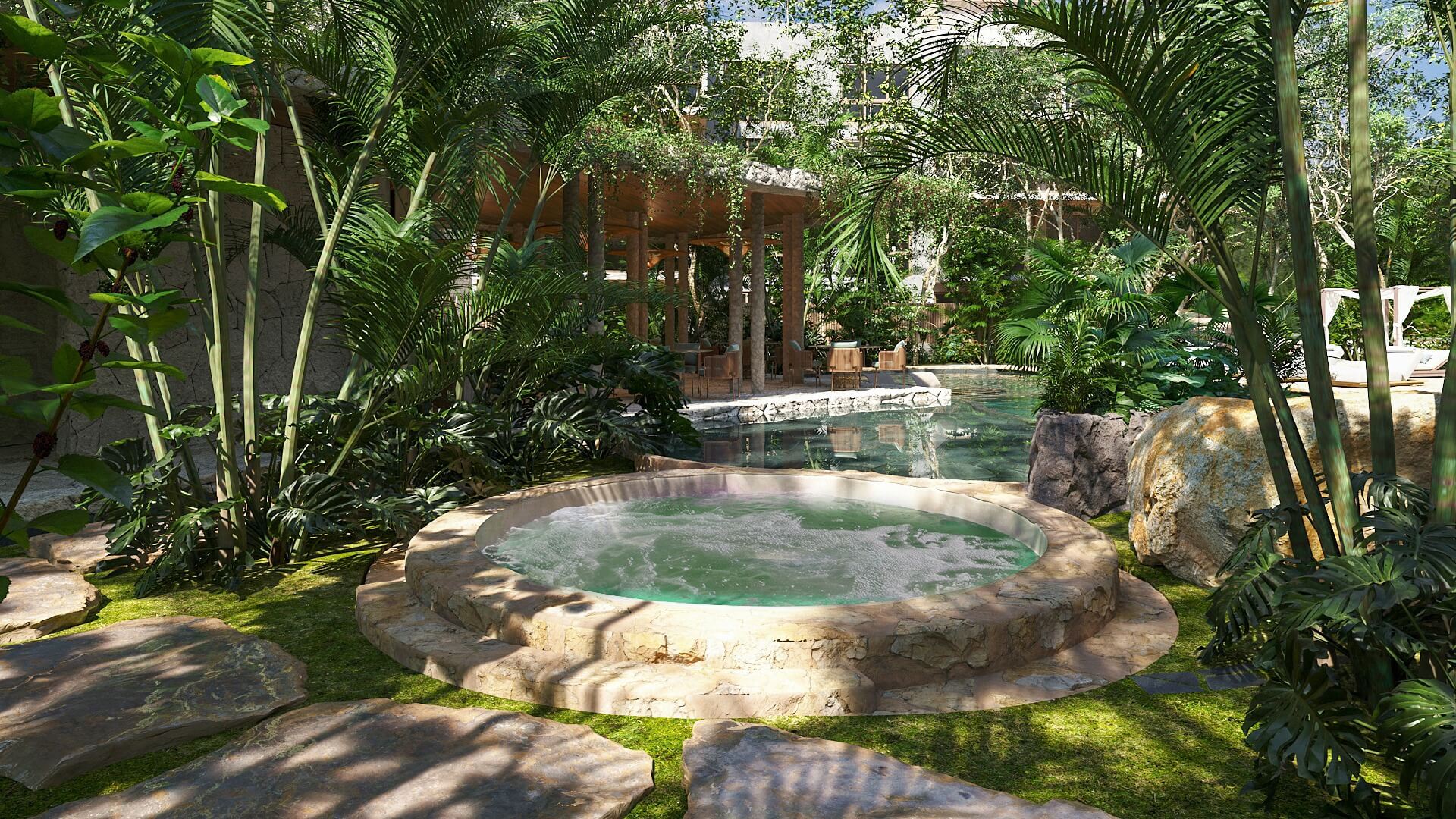 Jacuzzi integrado en un entorno de selva en Helora