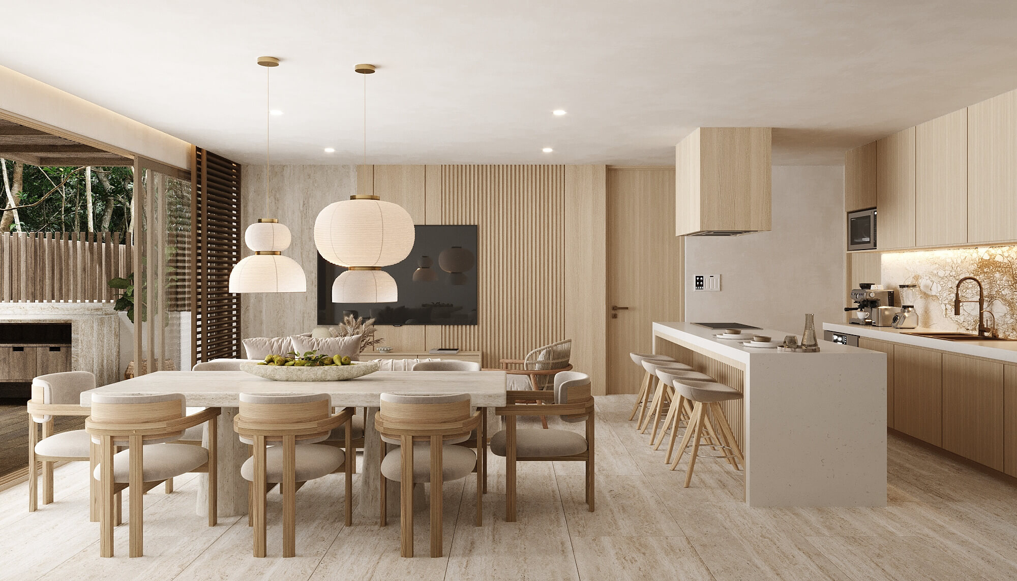 Sala, comedor y cocina de una residencia Helora de tres rec&aacute;maras